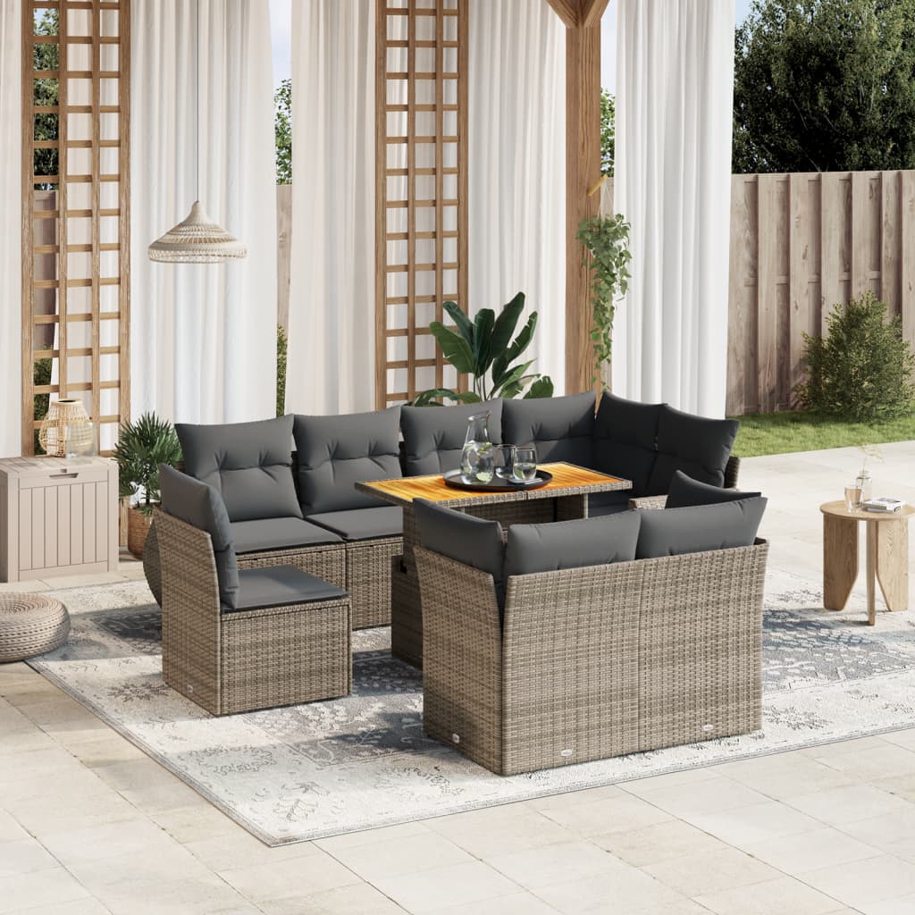 vidaXL 9-tlg. Garten-Sofagarnitur mit Kissen Grau Poly Rattan