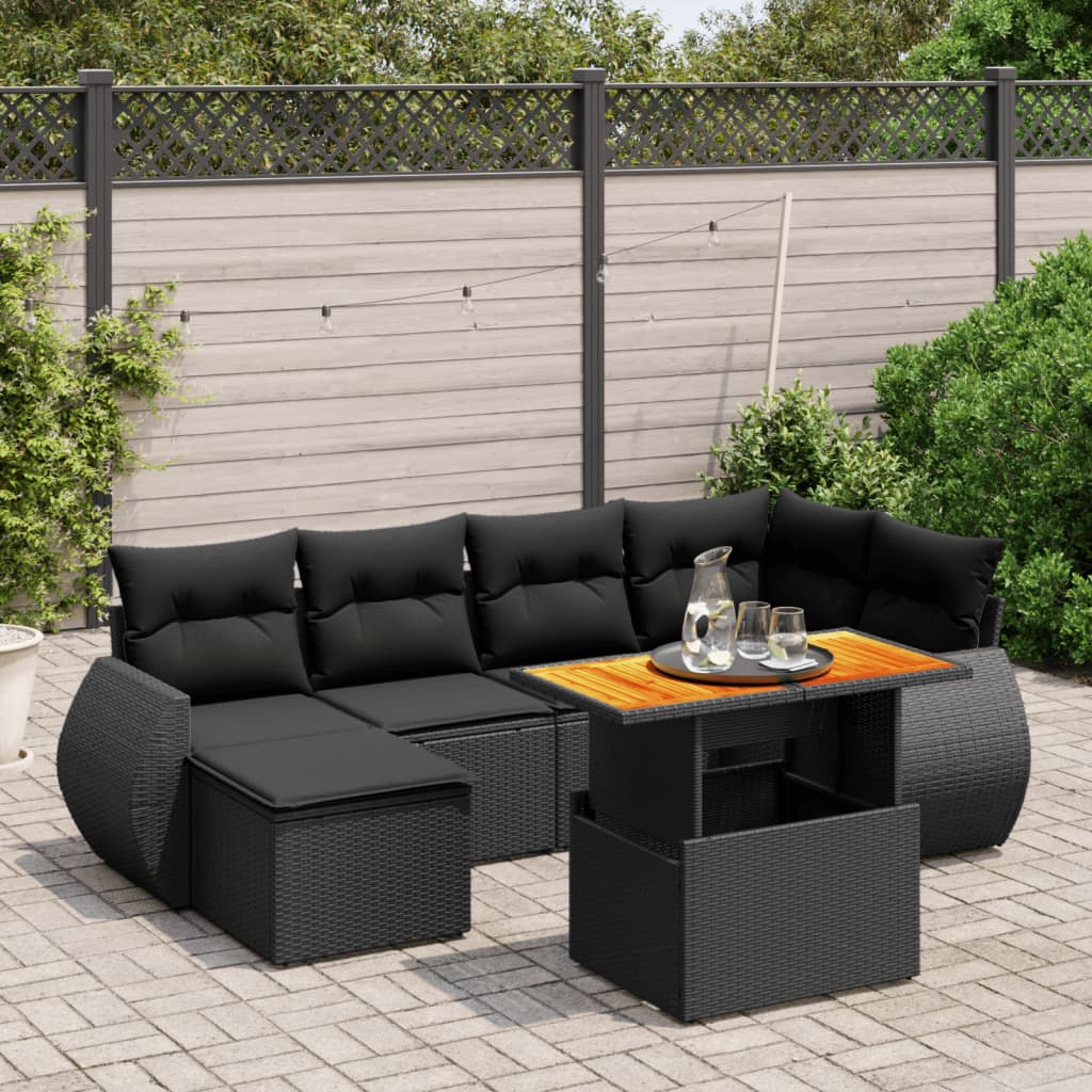 vidaXL 7-tlg. Garten-Sofagarnitur mit Kissen Schwarz Poly Rattan