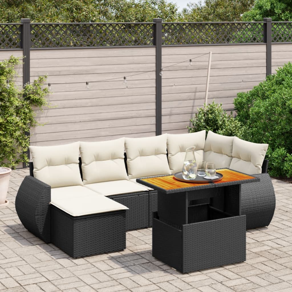 vidaXL 7-tlg. Garten-Sofagarnitur mit Kissen Schwarz Poly Rattan