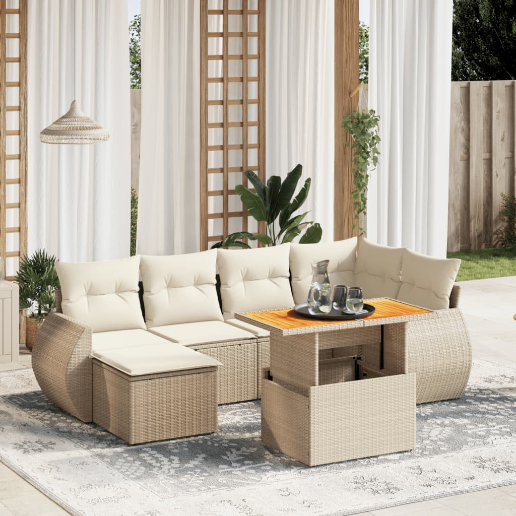 vidaXL 7-tlg. Garten-Sofagarnitur mit Kissen Beige Poly Rattan