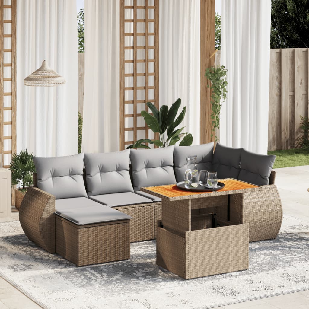 vidaXL 7-tlg. Garten-Sofagarnitur mit Kissen Beige Poly Rattan