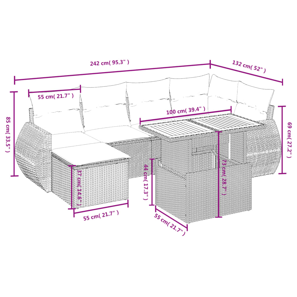 vidaXL 7-delige Loungeset met kussens poly rattan grijs afbeelding