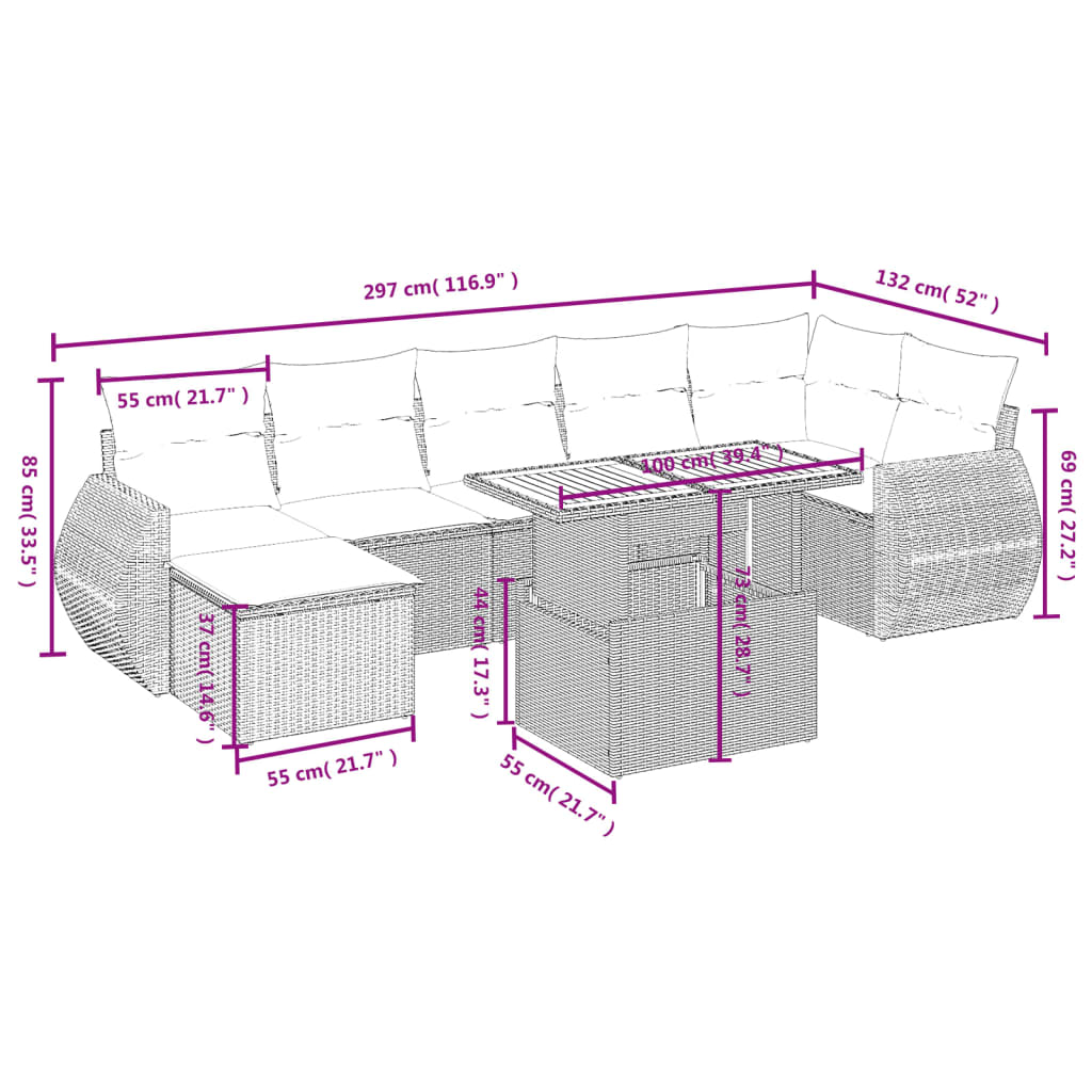 vidaXL 8-delige Loungeset met kussens poly rattan zwart afbeelding