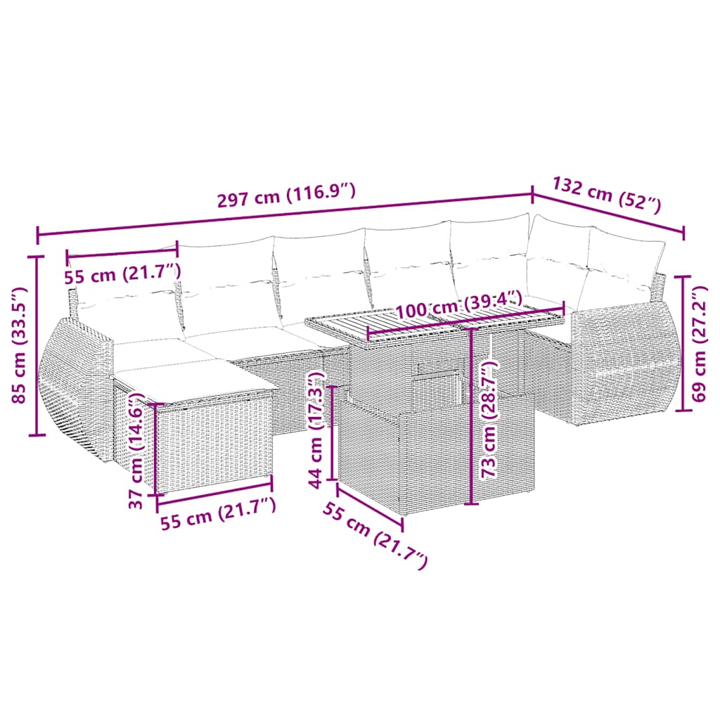 vidaXL 8-delige Loungeset met kussens poly rattan beige afbeelding