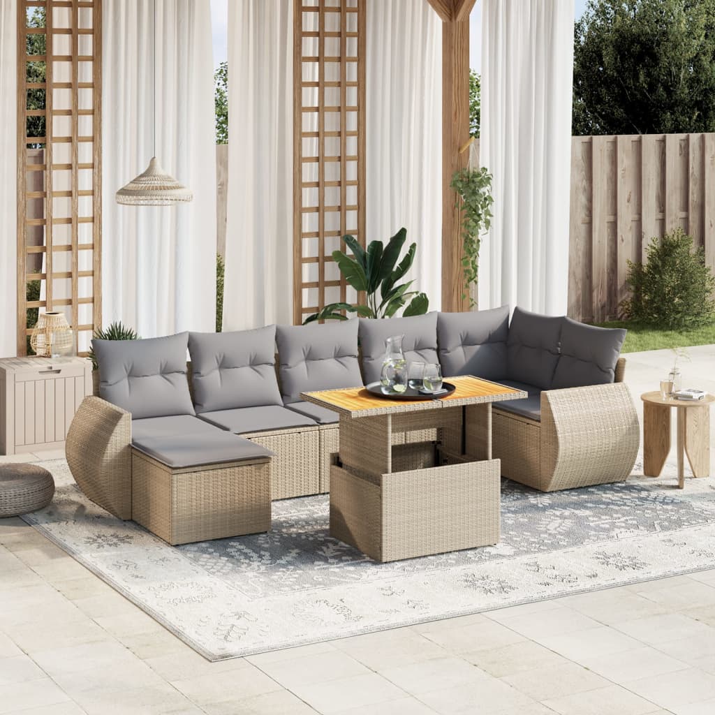 vidaXL 8-tlg. Garten-Sofagarnitur mit Kissen Beige Poly Rattan