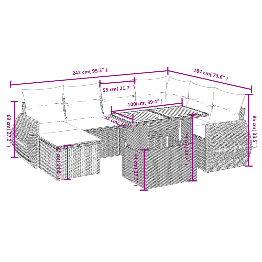 Set mobilier de grădină cu perne, 8 piese, negru, poliratan 3272308 - imagine 3