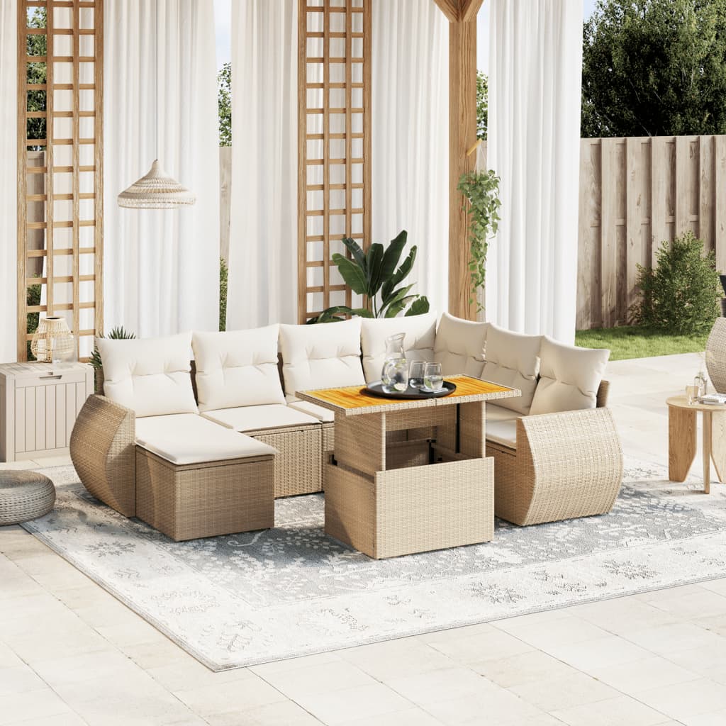 vidaXL 8-tlg. Garten-Sofagarnitur mit Kissen Beige Poly Rattan