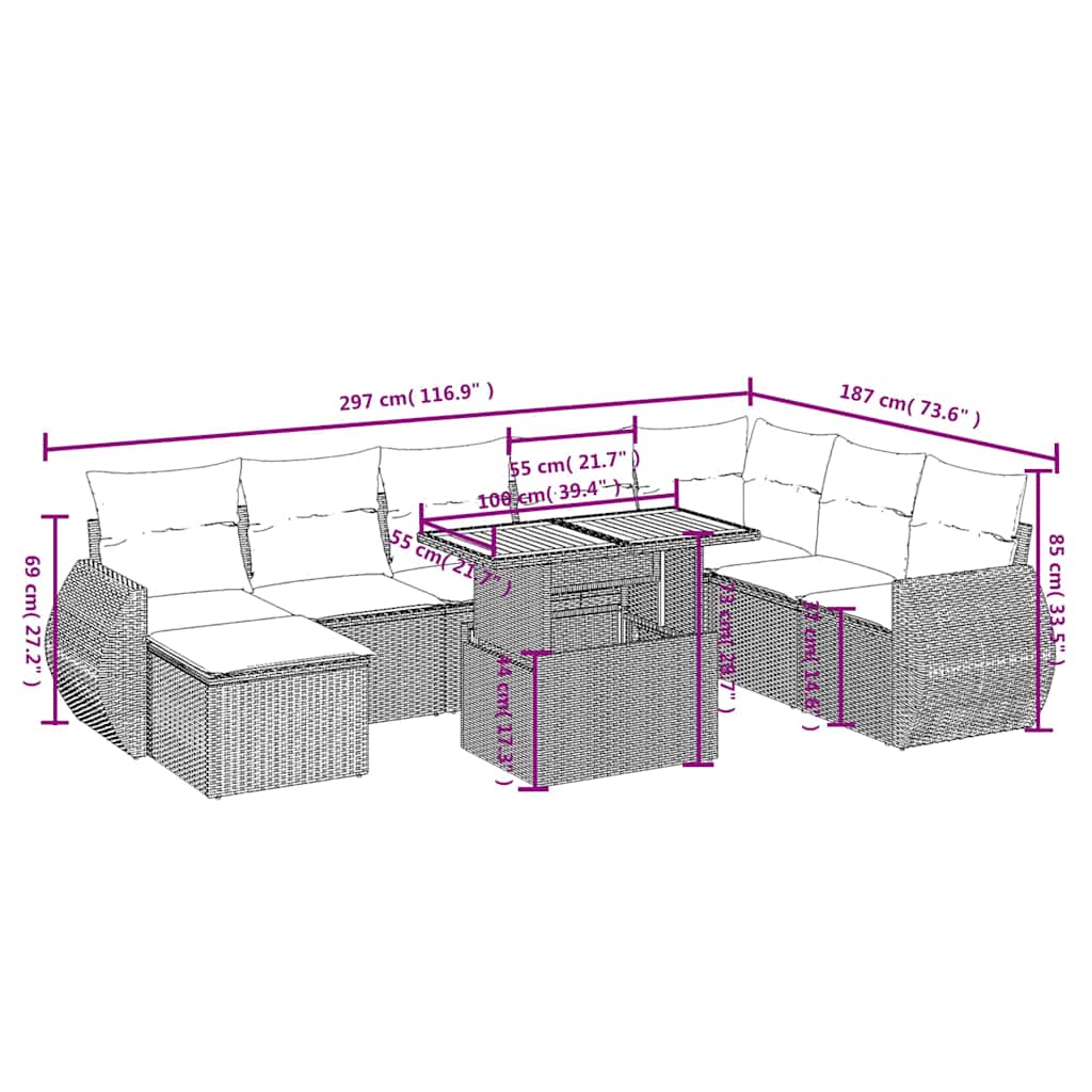 Set mobilier de grădină cu perne, 9 piese, negru, poliratan 3272329 - imagine 3