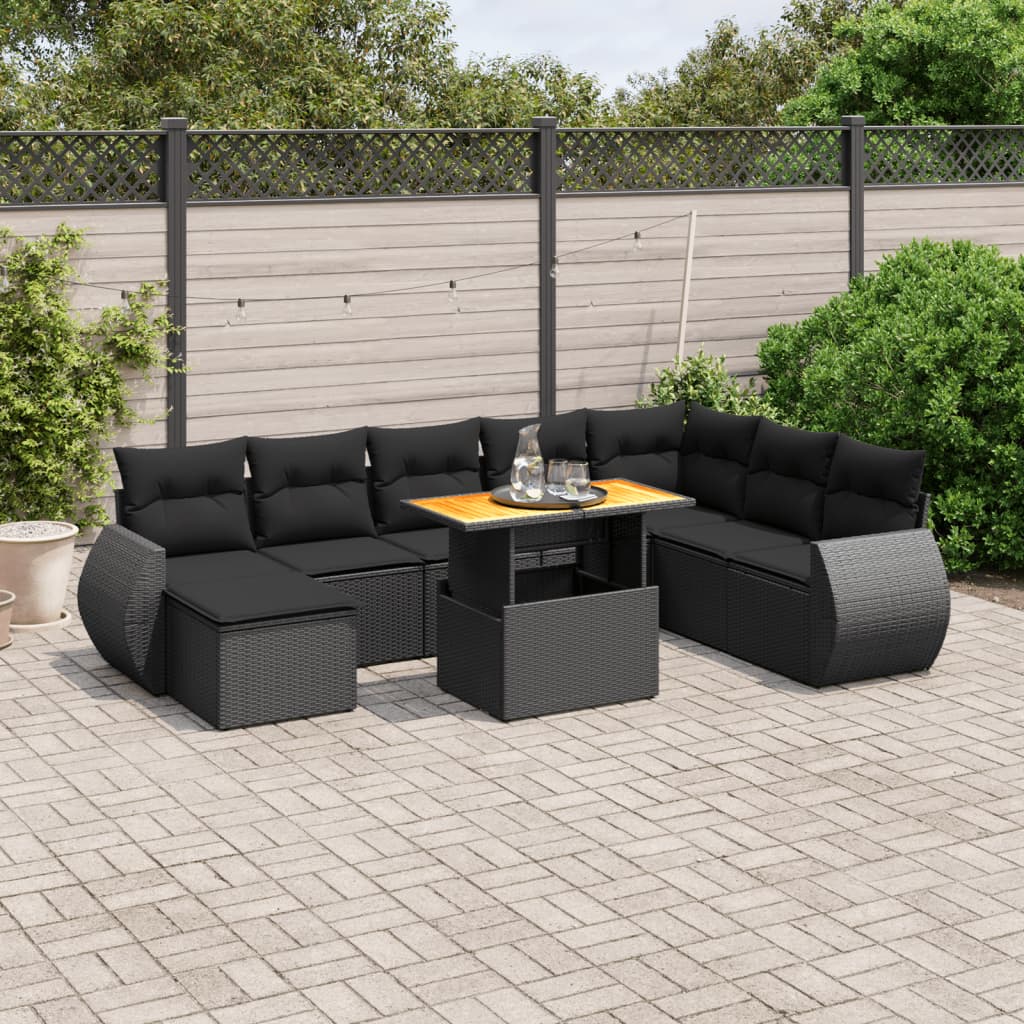 9-tlg. Garten-Sofagarnitur mit Kissen Schwarz Poly Rattan