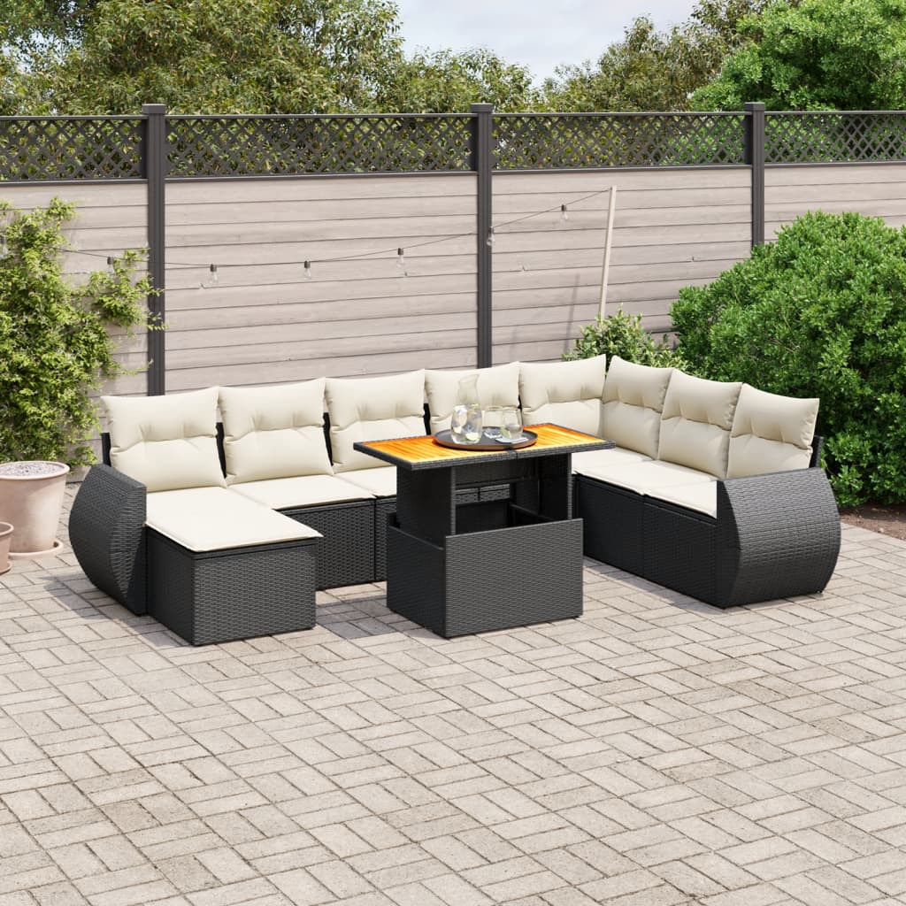 vidaXL 9-tlg. Garten-Sofagarnitur mit Kissen Schwarz Poly Rattan