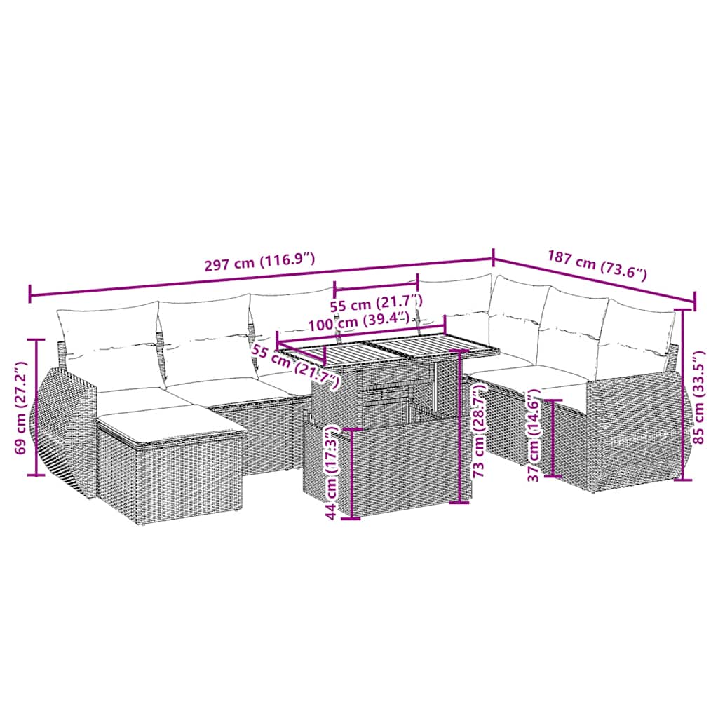 vidaXL 9-delige Loungeset met kussens poly rattan beige afbeelding