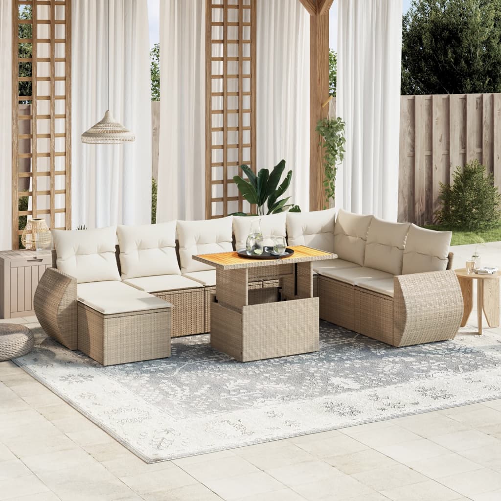 vidaXL 9-tlg. Garten-Sofagarnitur mit Kissen Beige Poly Rattan