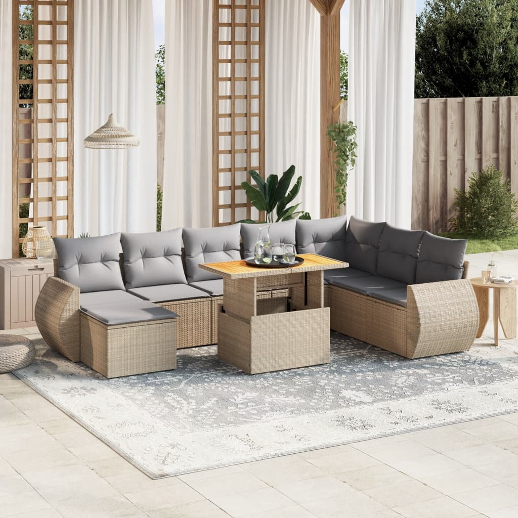 vidaXL 9-tlg. Garten-Sofagarnitur mit Kissen Beige Poly Rattan