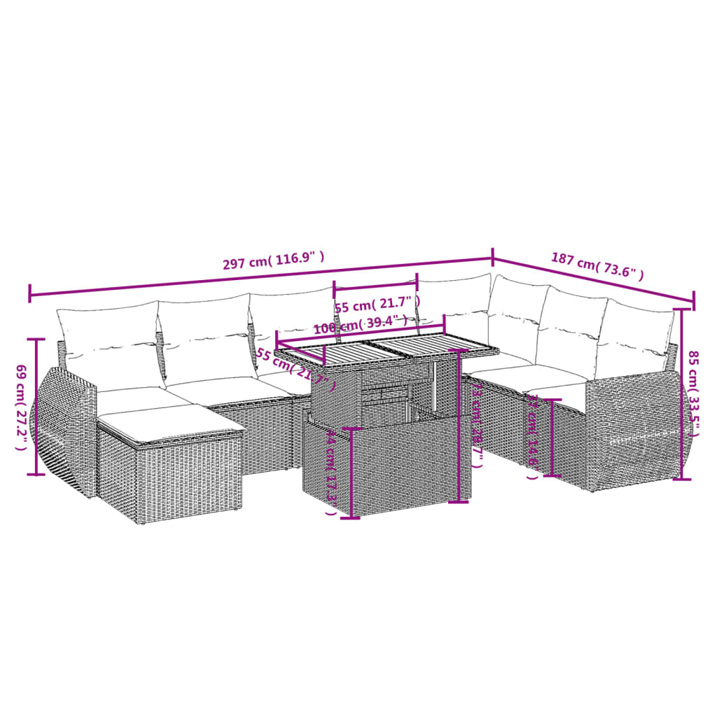 vidaXL 9-delige Loungeset met kussens poly rattan grijs afbeelding