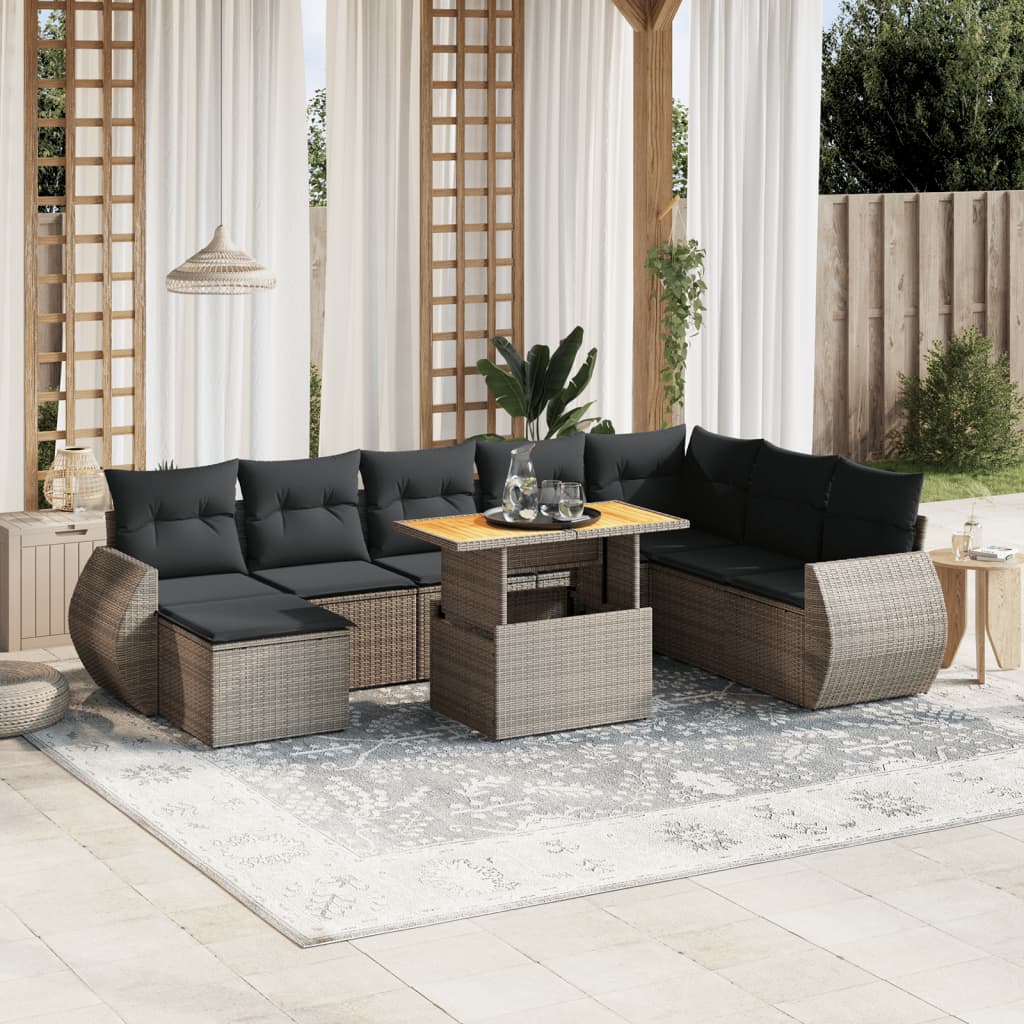 vidaXL 9-tlg. Garten-Sofagarnitur mit Kissen Grau Poly Rattan