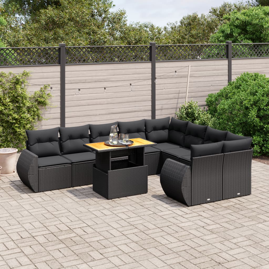 vidaXL 10-tlg. Garten-Sofagarnitur mit Kissen Schwarz Poly Rattan