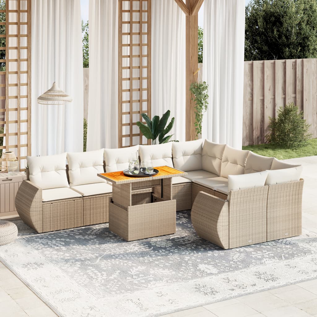 vidaXL 10-tlg. Garten-Sofagarnitur mit Kissen Beige Poly Rattan