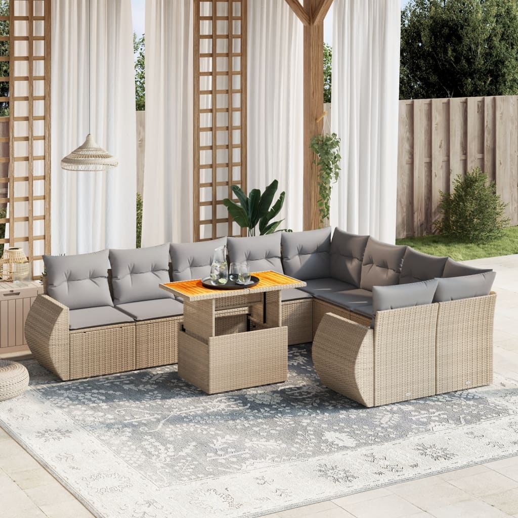 vidaXL 10-tlg. Garten-Sofagarnitur mit Kissen Beige Poly Rattan