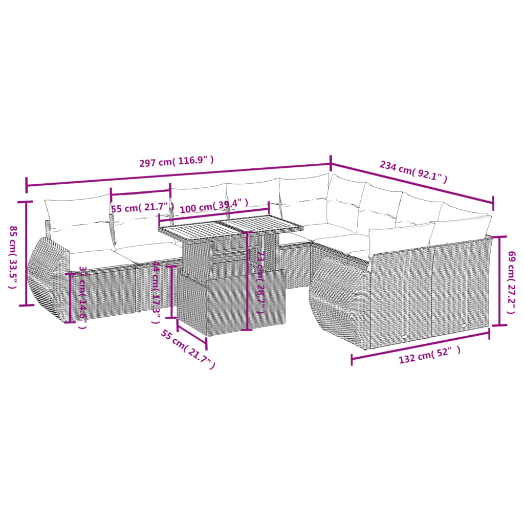 Set mobilier de grădină cu perne, 10 piese, gri, poliratan 3272355 - imagine 3