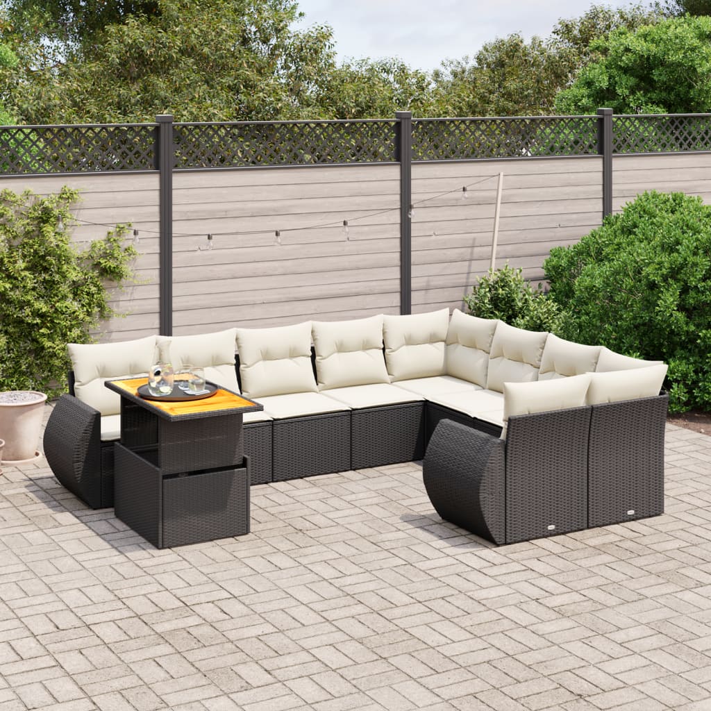 vidaXL 10-tlg. Garten-Sofagarnitur mit Kissen Schwarz Poly Rattan