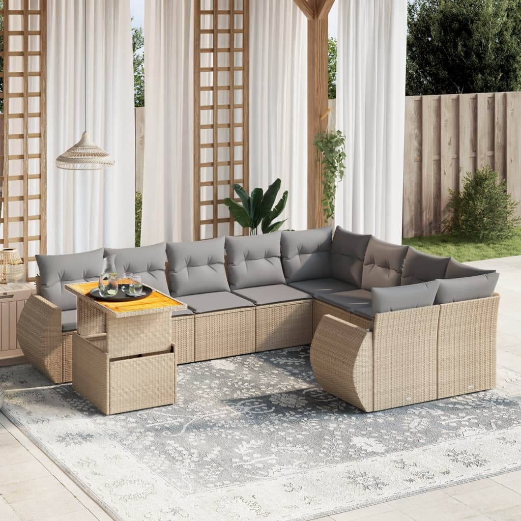 vidaXL 10-tlg. Garten-Sofagarnitur mit Kissen Beige Poly Rattan