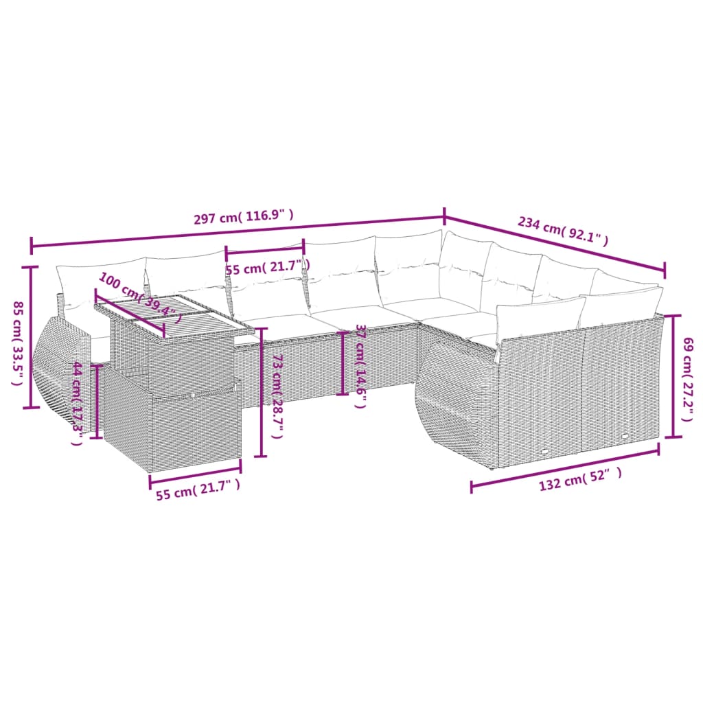 vidaXL 10-delige Loungeset met kussens poly rattan grijs afbeelding