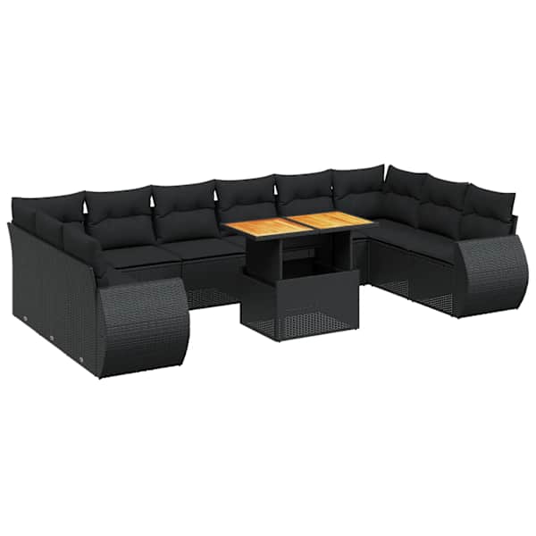 vidaXL 11-osaline aiadiivani komplekt patjadega, must, pol&uuml;rotang