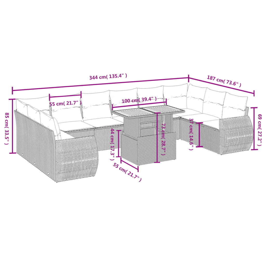 vidaXL 11-delige Loungeset met kussens poly rattan zwart afbeelding