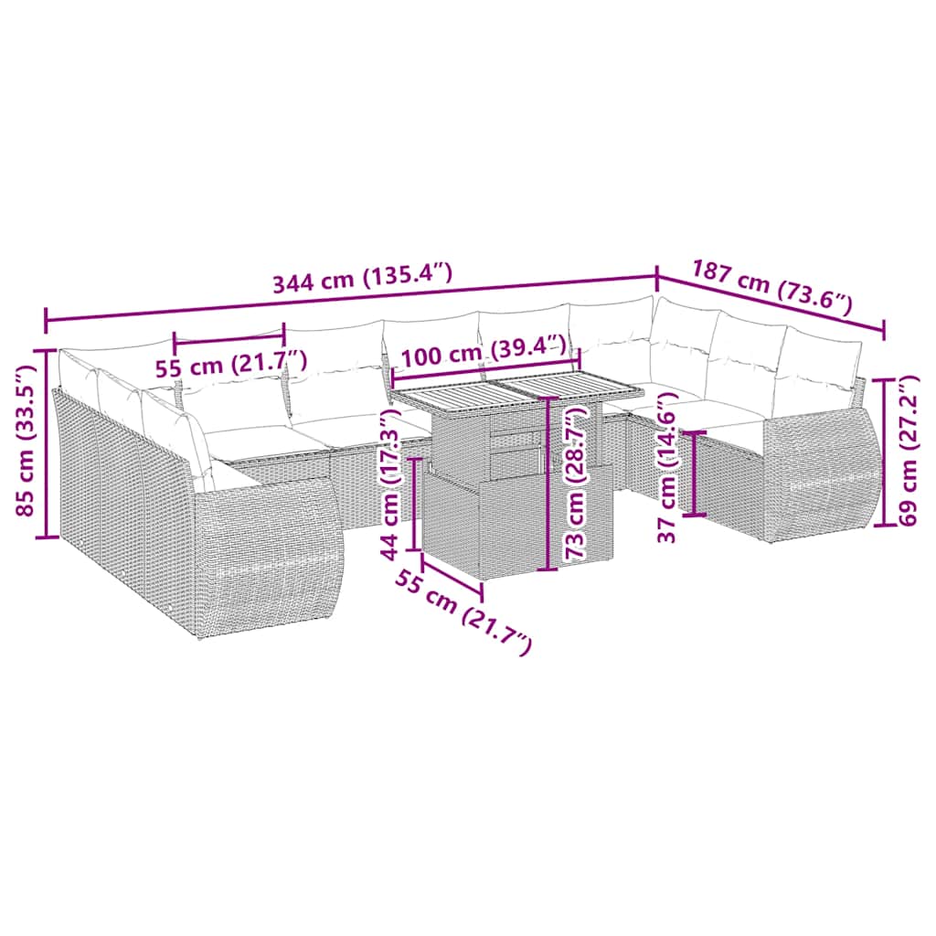 vidaXL 11-delige Tuinset met kussens poly rattan beige afbeelding
