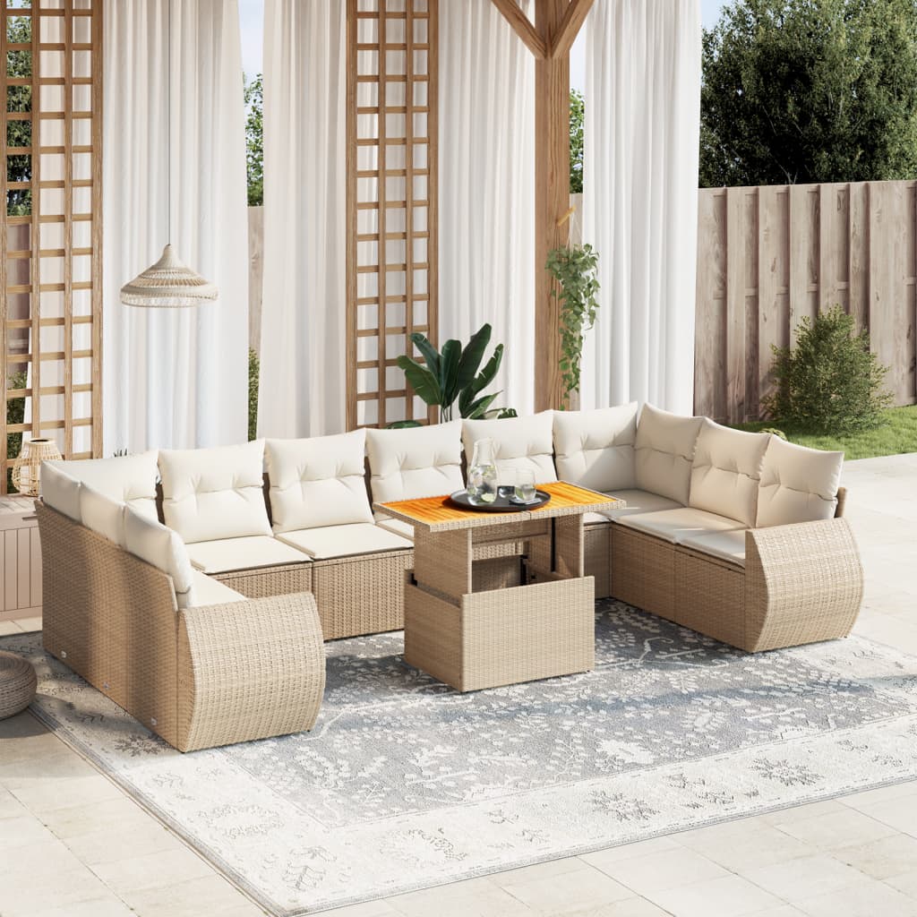 vidaXL 11-tlg. Garten-Sofagarnitur mit Kissen Beige Poly Rattan