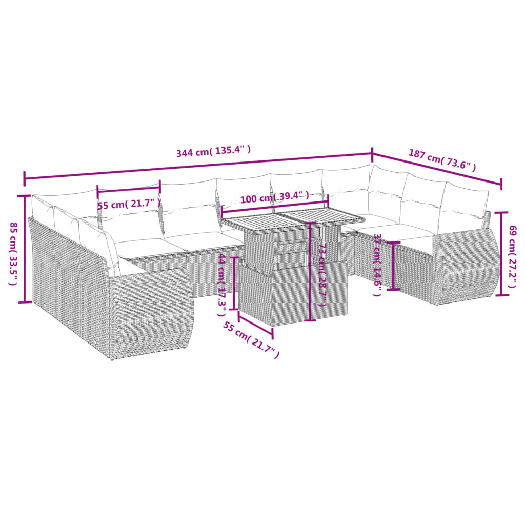 vidaXL 11-delige Tuinset met kussens poly rattan beige afbeelding