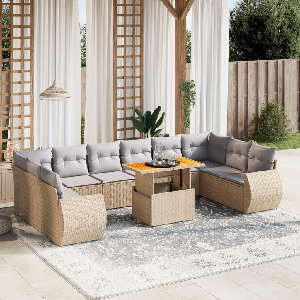 vidaXL 11-tlg. Garten-Sofagarnitur mit Kissen Beige Poly Rattan