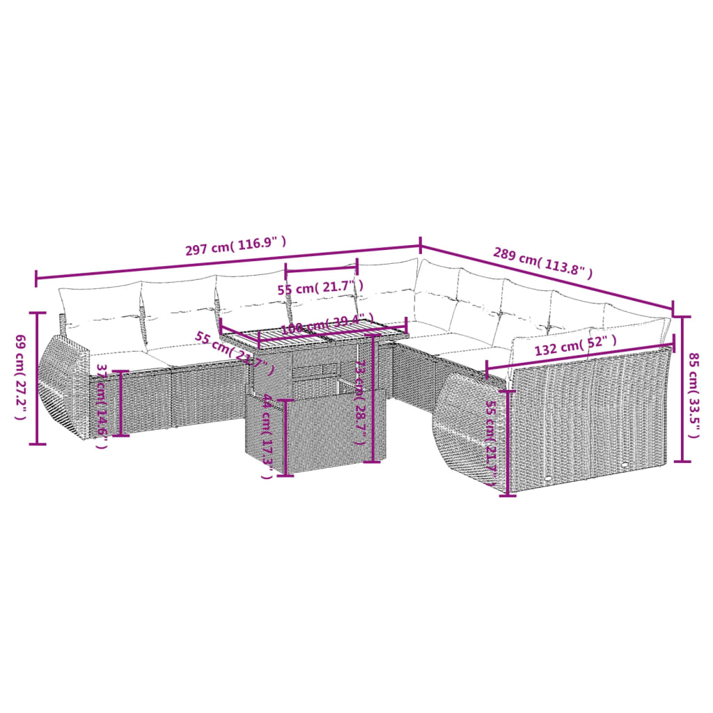 vidaXL 11-delige Loungeset met kussens poly rattan zwart afbeelding