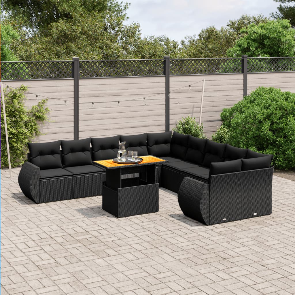 vidaXL 11-tlg. Garten-Sofagarnitur mit Kissen Schwarz Poly Rattan