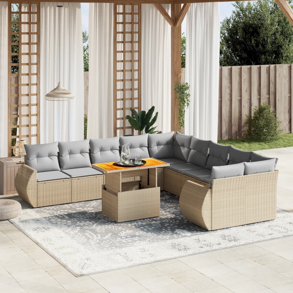 vidaXL 11-tlg. Garten-Sofagarnitur mit Kissen Beige Poly Rattan