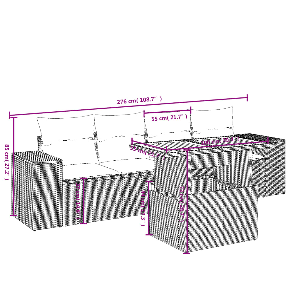 vidaXL 5-delige Loungeset met kussens poly rattan zwart afbeelding