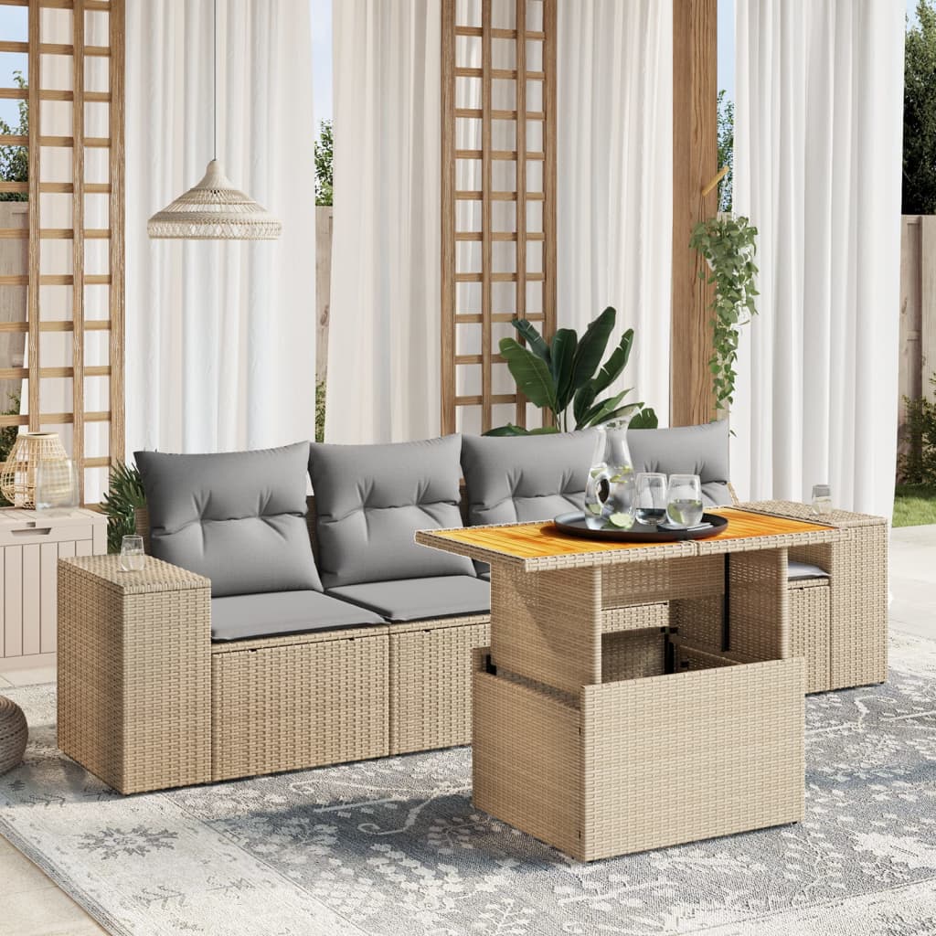 vidaXL 5-tlg. Garten-Sofagarnitur mit Kissen Beige Poly Rattan