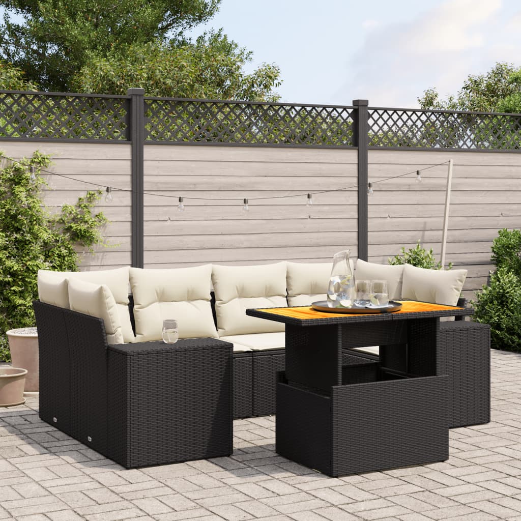 vidaXL 7-tlg. Garten-Sofagarnitur mit Kissen Schwarz Poly Rattan