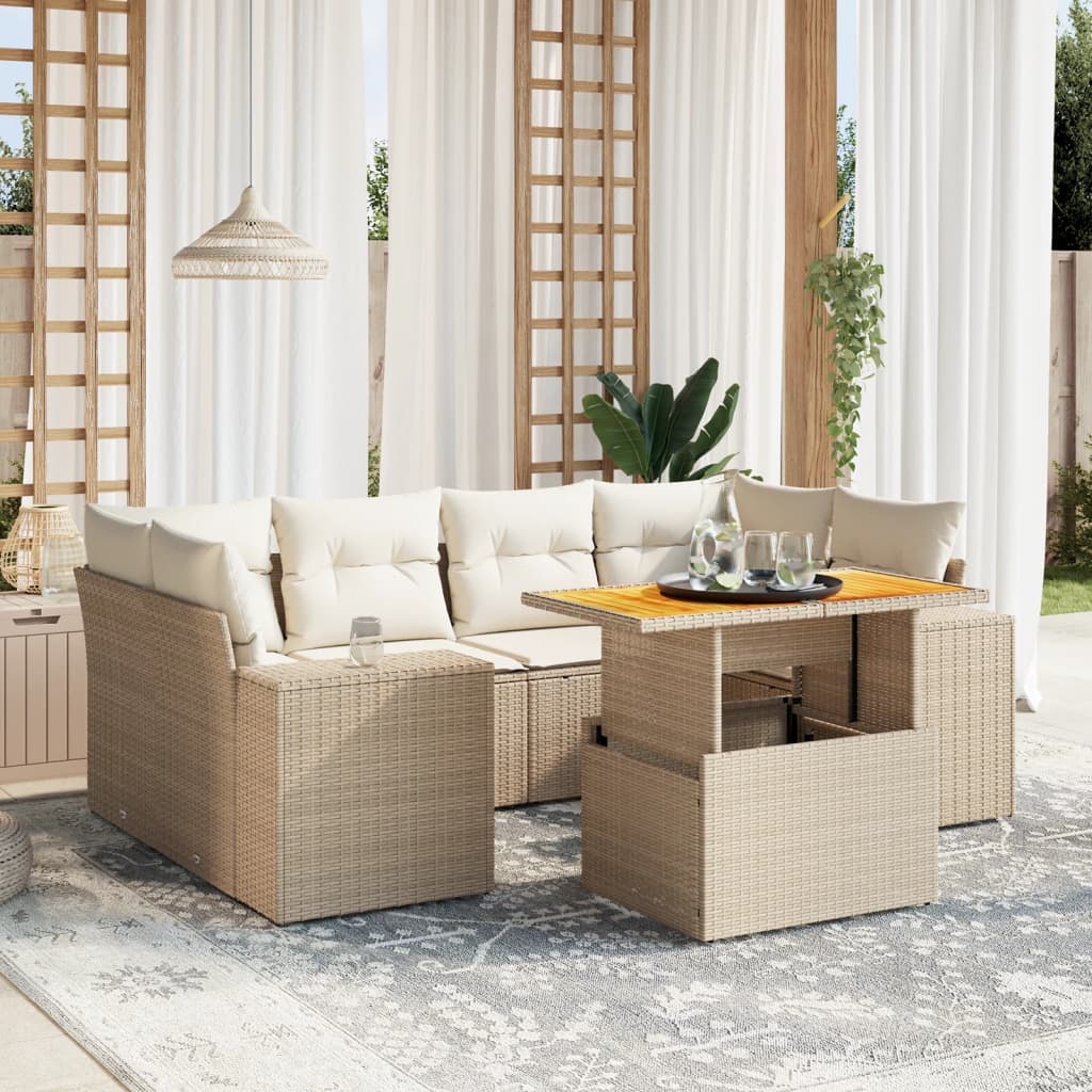 vidaXL 7-tlg. Garten-Sofagarnitur mit Kissen Beige Poly Rattan