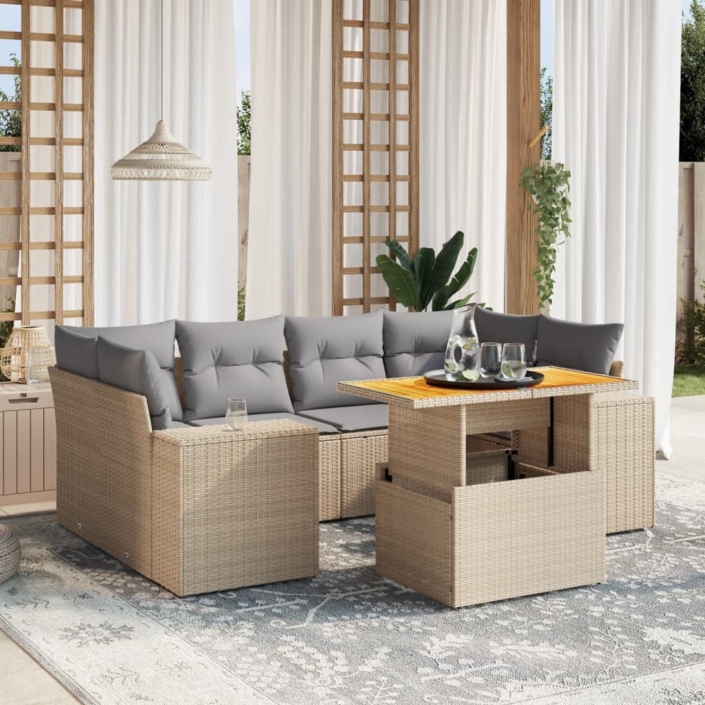 vidaXL 7-tlg. Garten-Sofagarnitur mit Kissen Beige Poly Rattan