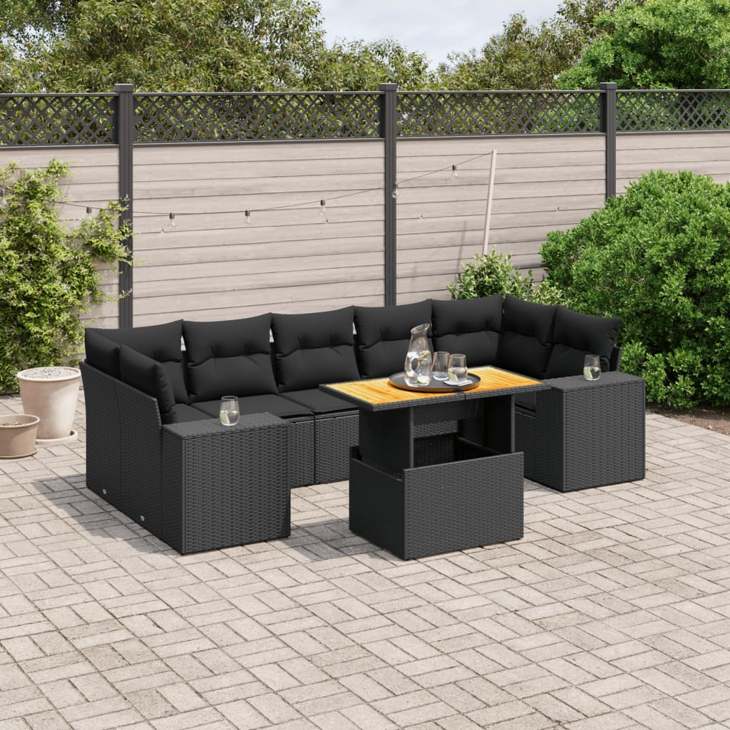 vidaXL 8-tlg. Garten-Sofagarnitur mit Kissen Schwarz Poly Rattan