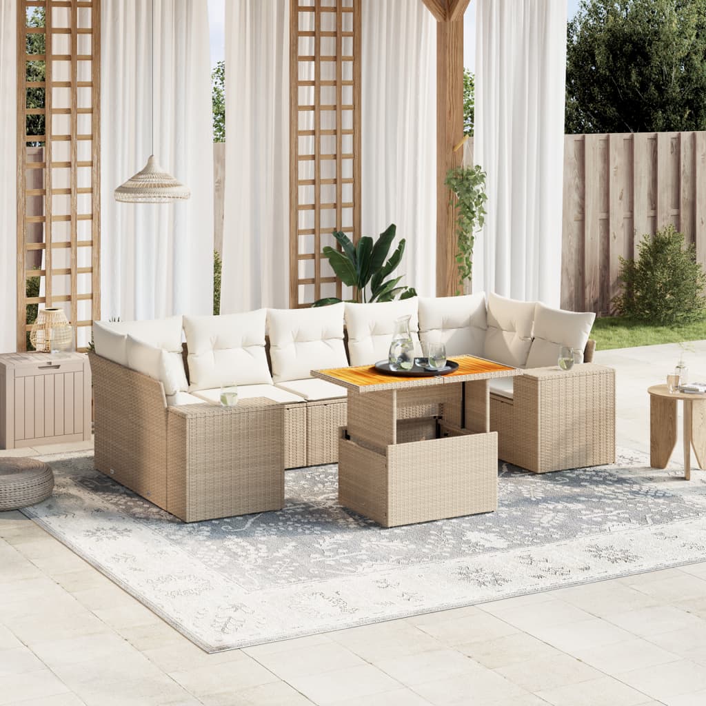 vidaXL 8-tlg. Garten-Sofagarnitur mit Kissen Beige Poly Rattan