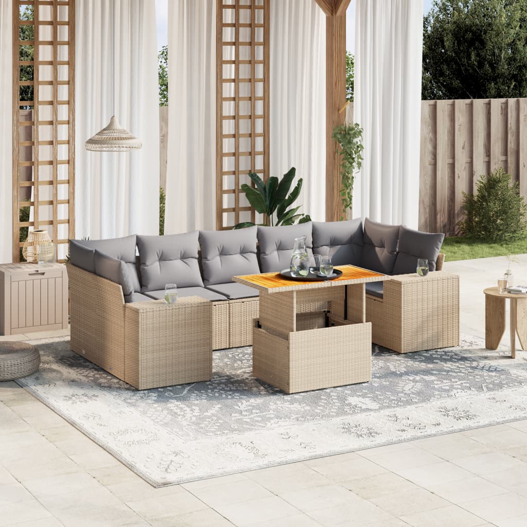 vidaXL 8-tlg. Garten-Sofagarnitur mit Kissen Beige Poly Rattan