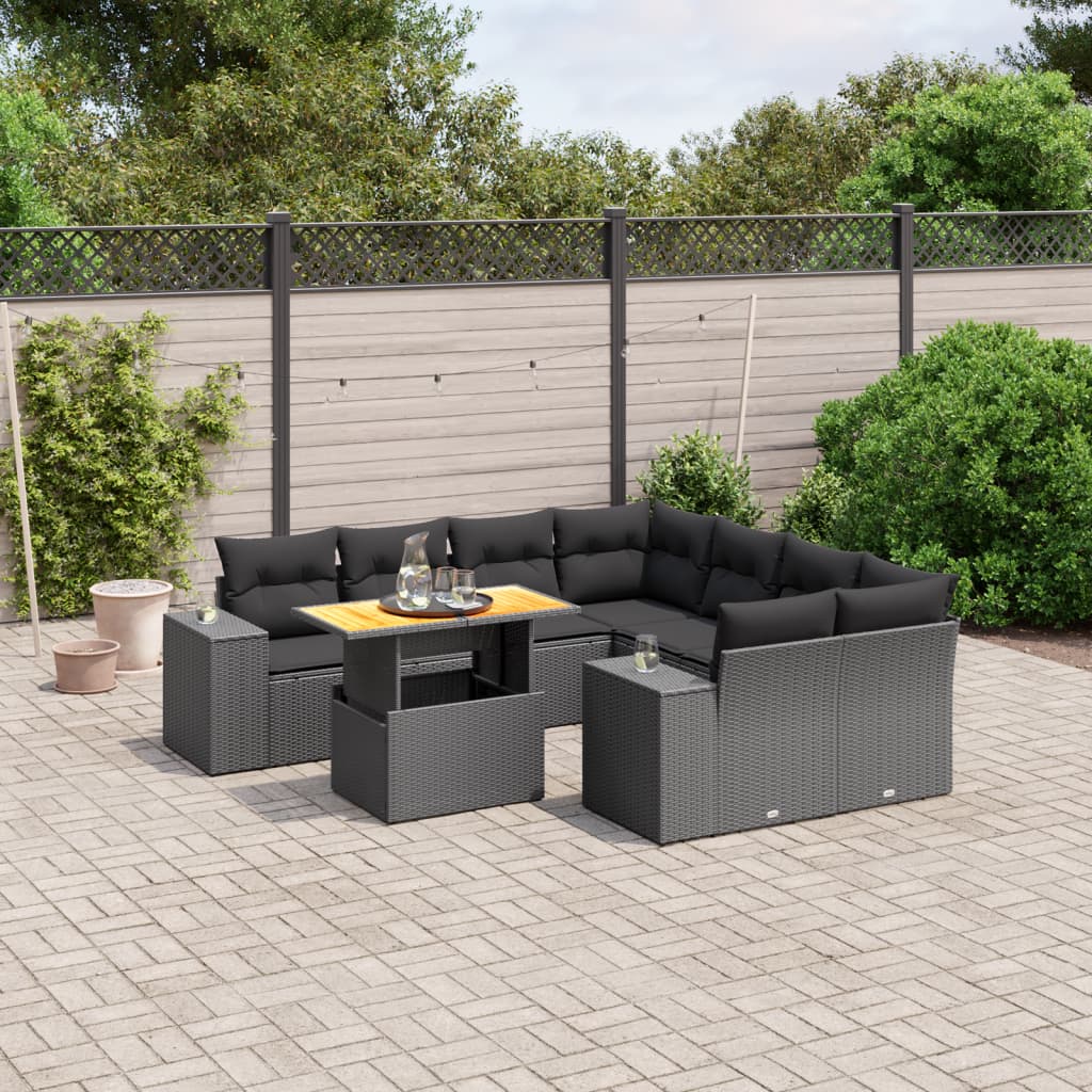 9-tlg. Garten-Sofagarnitur mit Kissen Schwarz Poly Rattan