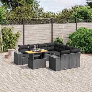 Vrtna sedežna garnitura 9-delna z blazinami črn poli ratan