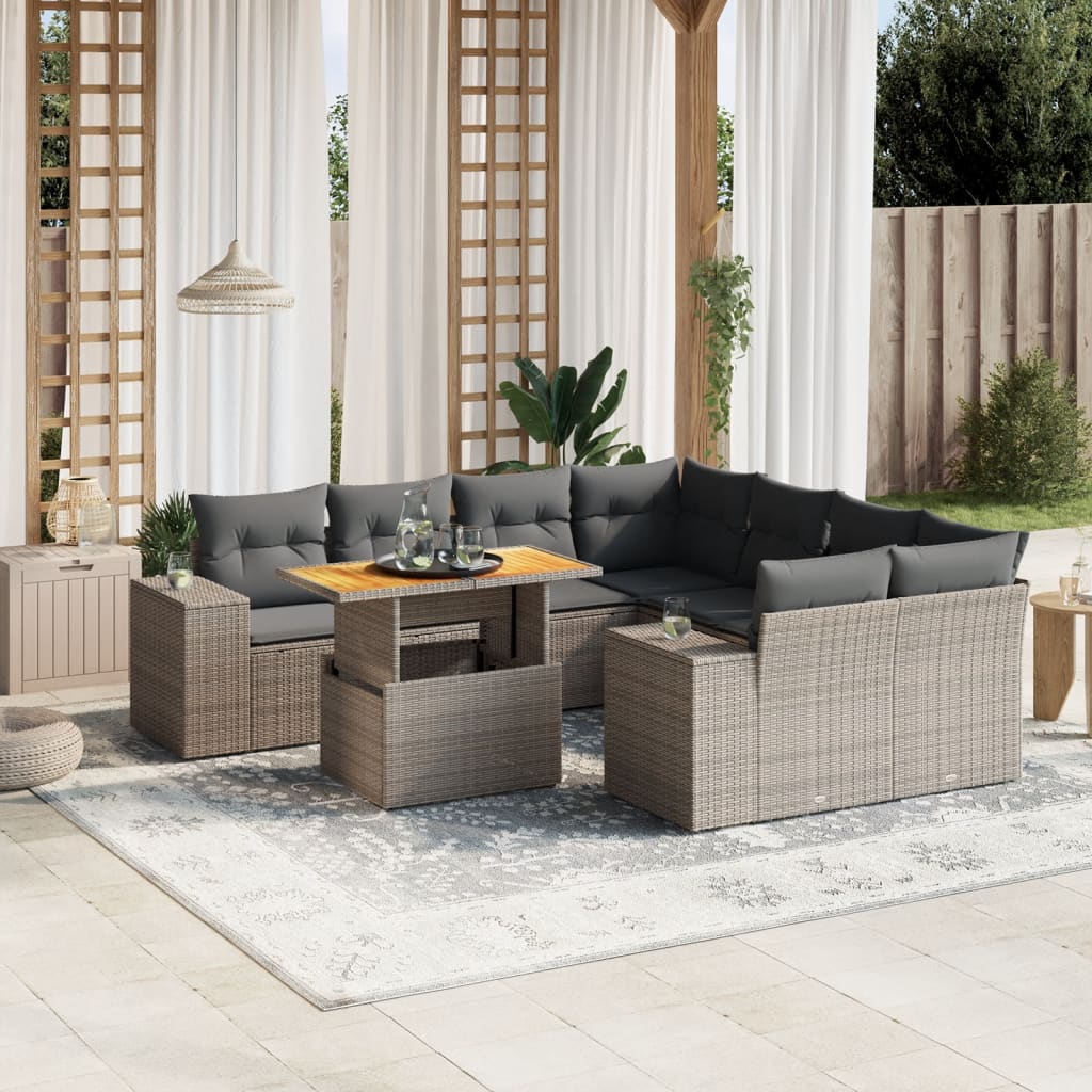 vidaXL 9-tlg. Garten-Sofagarnitur mit Kissen Grau Poly Rattan