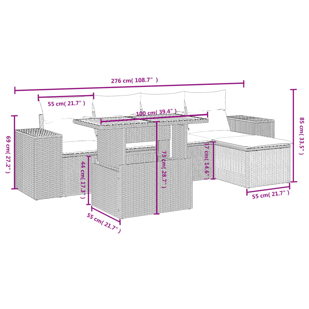 vidaXL 6-delige Loungeset met kussens poly rattan zwart afbeelding