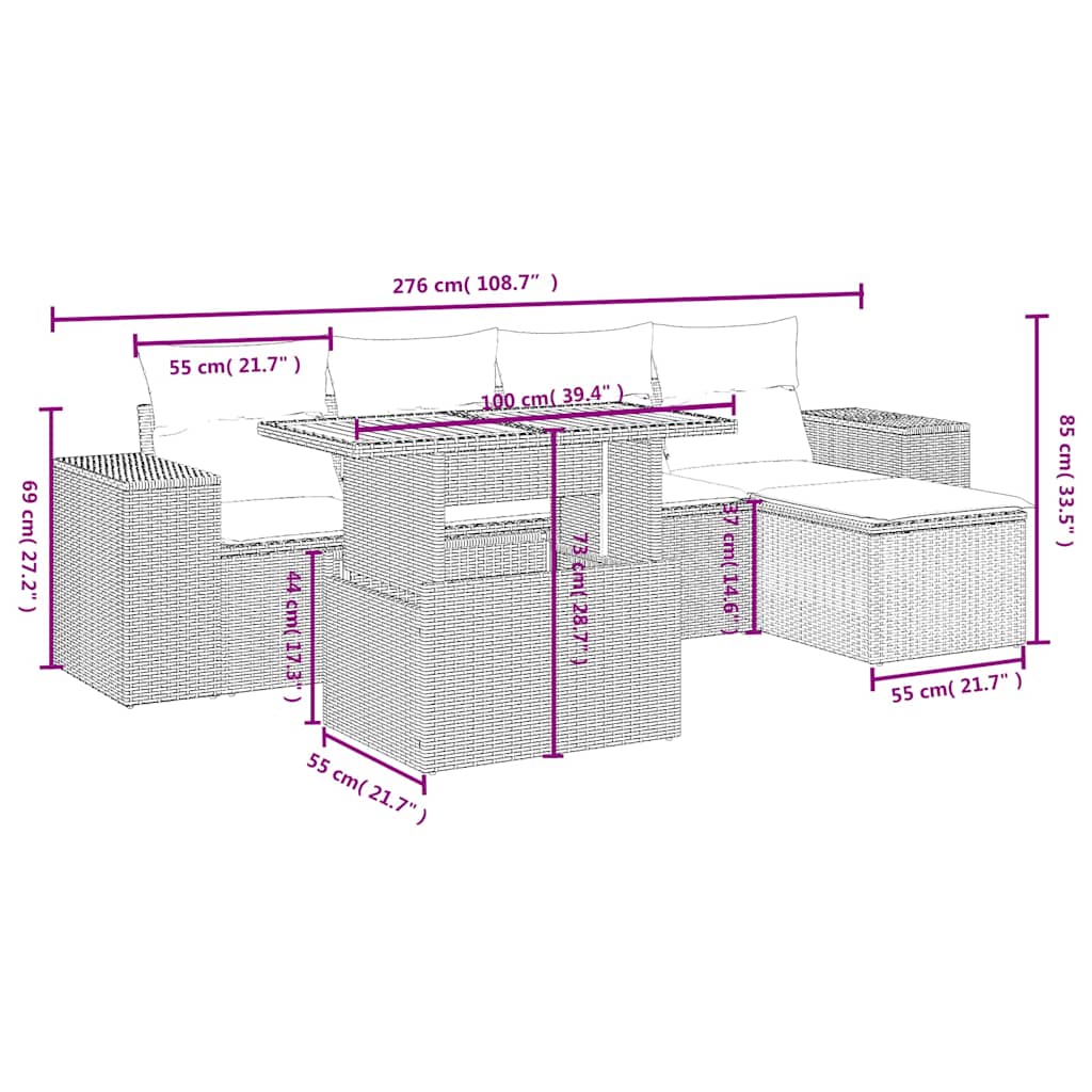 Set mobilier de grădină cu perne, 6 piese, negru, poliratan 3272609 - imagine 3