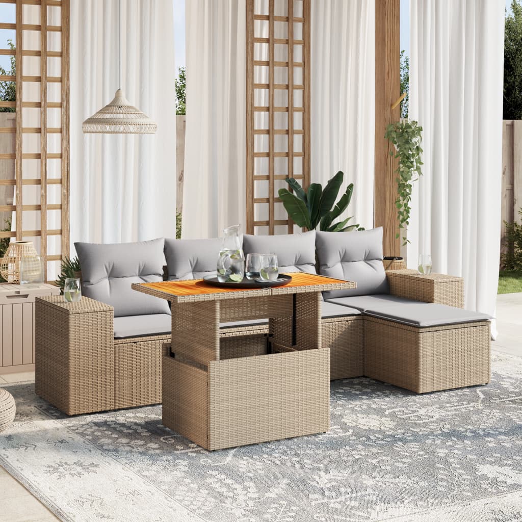 vidaXL 6-tlg. Garten-Sofagarnitur mit Kissen Beige Poly Rattan