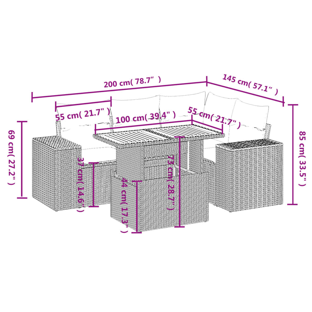 Set mobilier de grădină cu perne, 5 piese, negru, poliratan 3272616 - imagine 3